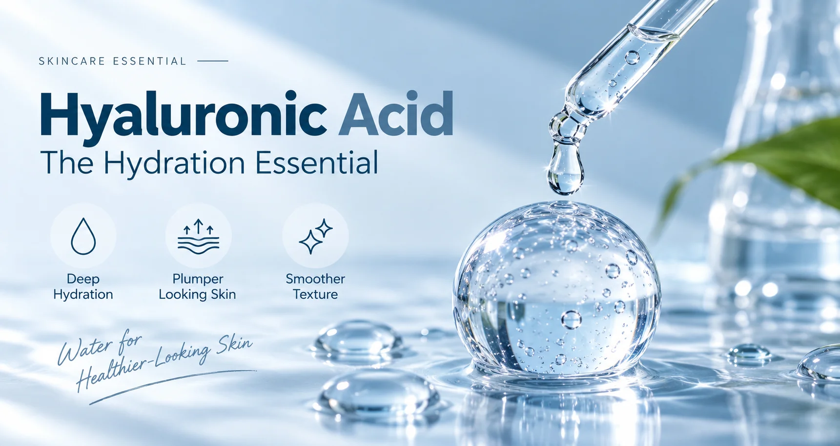 Hyaluronic acid skincare concept featuring a dropper releasing liquid onto a clear spherical object with text highlighting benefits like deep hydration, plumper skin, and smoother texture.